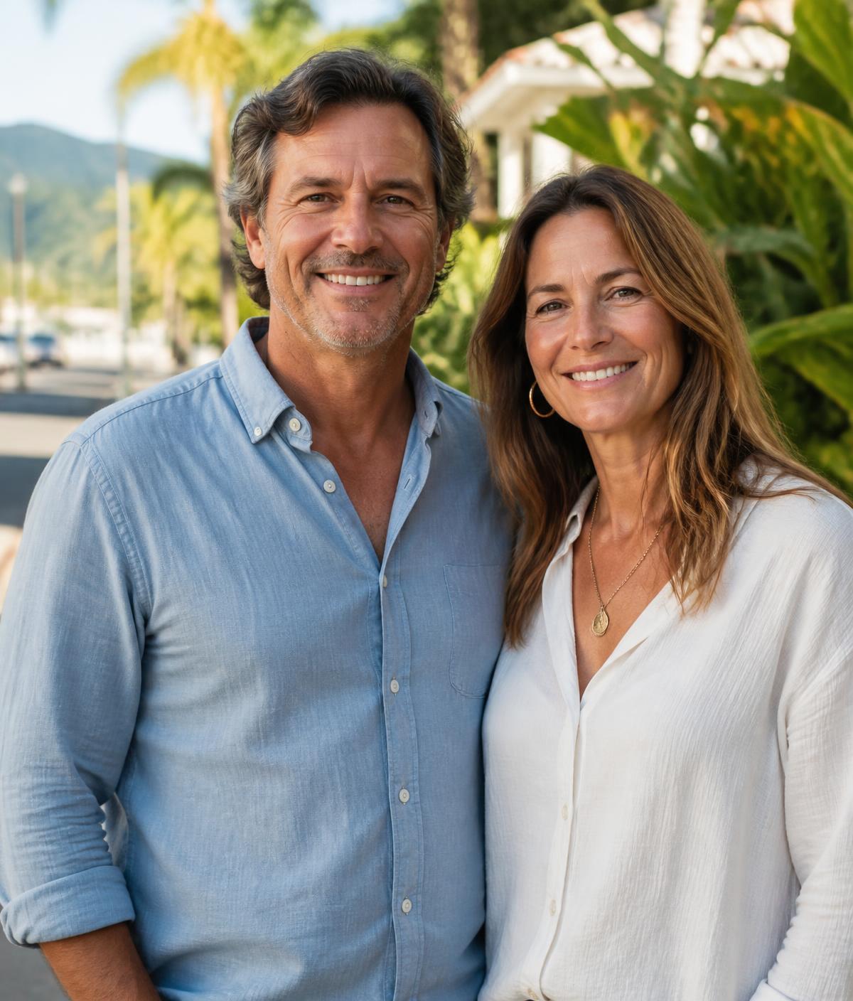 Ariel and Ace Edgerton, founders of GoldenAway, standing outdoors